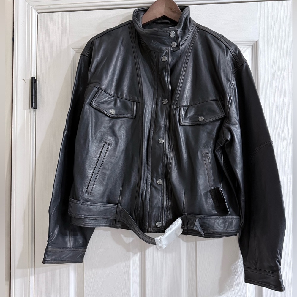 Lucky Brand Women’s Distressed Black Leather Jacket with Snap Buttons and Belt